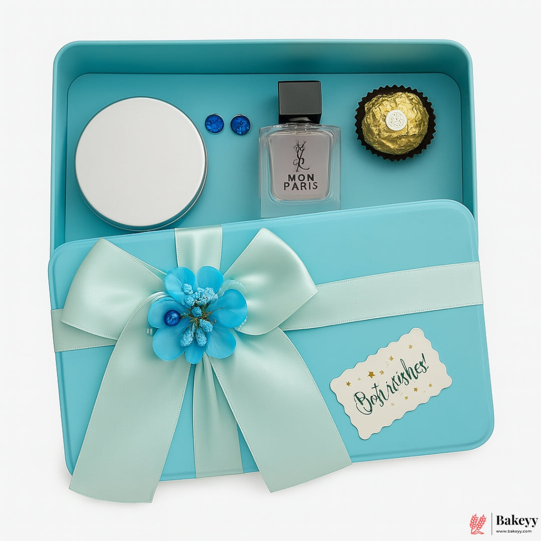 Sky Blue Rectangle Empty Decorative Tin Box | Mixed Bow Designs| 19x11x4.5Cm Tin Box| 1 Piece
