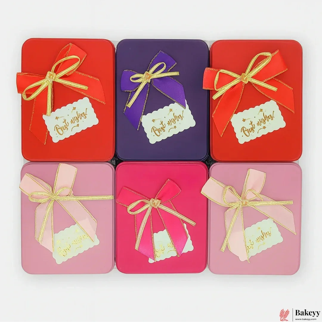 12x9x4 CM (LxBxH) | Empty Rectangle Tin Box with Mixed Colour and Mixed Bow| Pack of 6 - Bakeyy.com - India - 12x9x4 CM (LxBxH) | Empty Rectangle Tin Box with Mixed Colour and Mixed Bow| Pack of 6 - Default Title