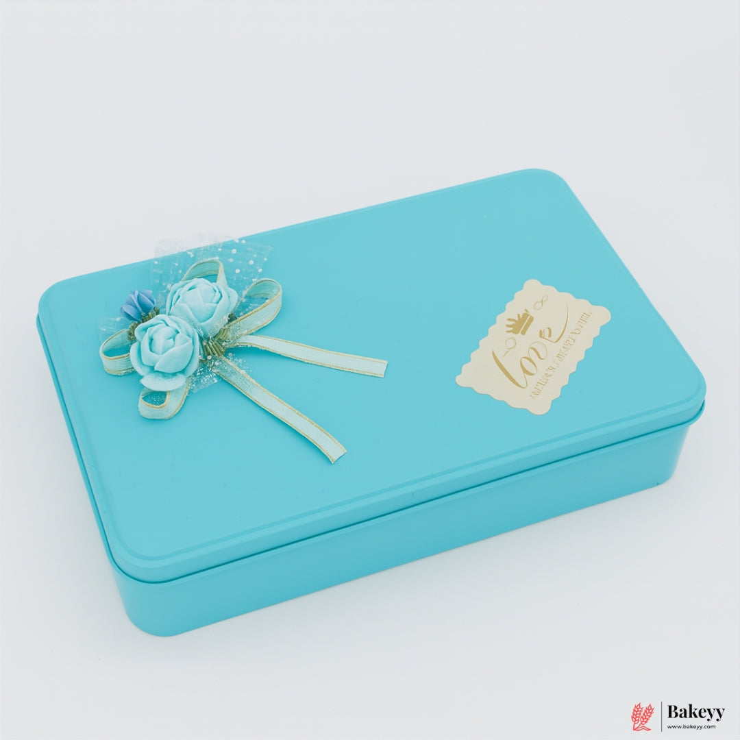 Sky Blue Rectangle Empty Decorative Tin Box | Mixed Bow Designs| 19x11x4.5Cm Tin Box| 1 Piece