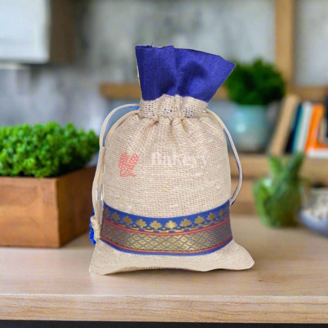 22x31 CM | Jute Gift Bag with Royal Blue Trim | Drawstring Bags - Bakeyy.com - India - 22x31 CM | Jute Gift Bag with Royal Blue Trim | Drawstring Bags - Pack Of 50 / 9x12 Inch