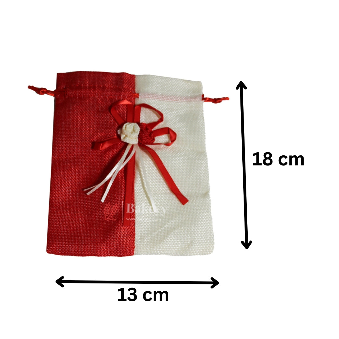 13x18cm| Red & Cream Jute Potli Bag with Floral Accent | Traditional Potli Bag | Wedding Favor Bag | Jewelry Pouch | Floral Accent Gift Bag | Pack of 10