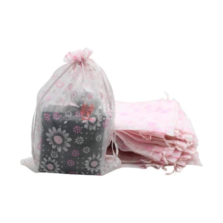 9x12 Inch | Floral Designs Organza Potli Bags | Pack of 50 | Light Pink Color | Candy Bag | Pack of 50 - Bakeyy.com