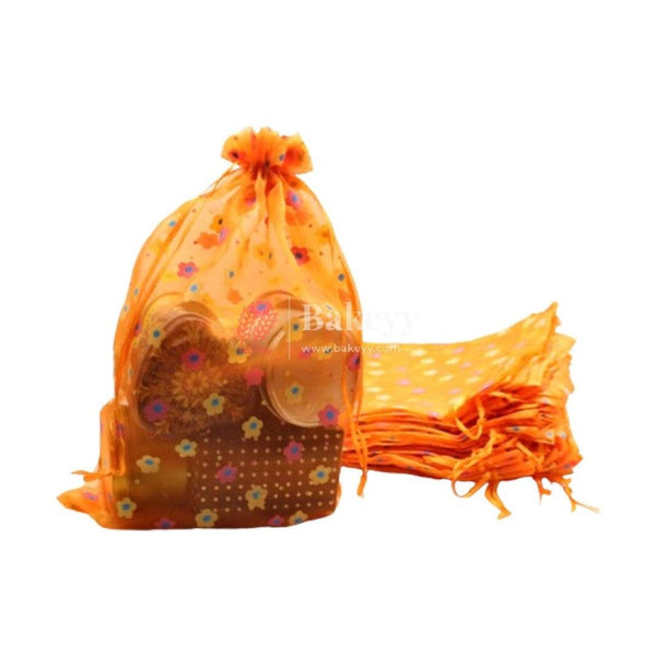 9x12 Inch | Floral Designs Organza Potli Bags | Pack of 50 | Orange Color | Candy Bag - Bakeyy.com