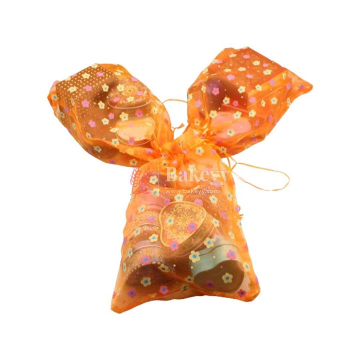 9x12 Inch | Floral Designs Organza Potli Bags | Pack of 50 | Orange Color | Candy Bag - Bakeyy.com