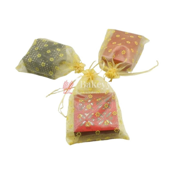9x12 Inch | Floral Designs Organza Potli Bags | Pack of 50 | Yellow Color | Candy Bag - Bakeyy.com