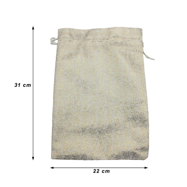 9x12 White Color Printed | Printed Potli Jute Bag | Gift Return Gifts Bags | Drawstring Bags | Pack Of 10 - Bakeyy.com
