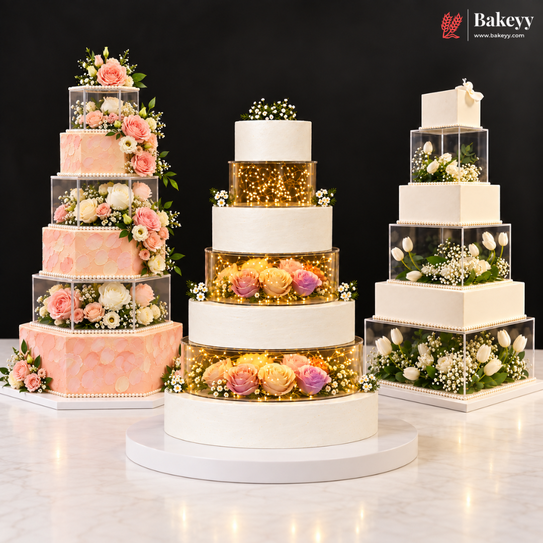 Three elegant square wedding cakes displayed on white marble tables against a black background. The center cake is white with gold foil and warm fairy lights, flanked by two pink and white tiered cakes with floral arrangements and clear acrylic boxes.
