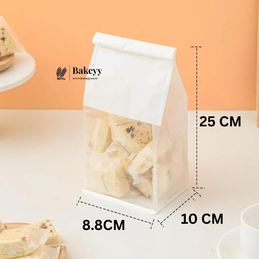 White Kraft Paper Bread Bags with Clear Window | Bakery Bags Tin Tie Tab Lock Treat Bag| Pack of 50