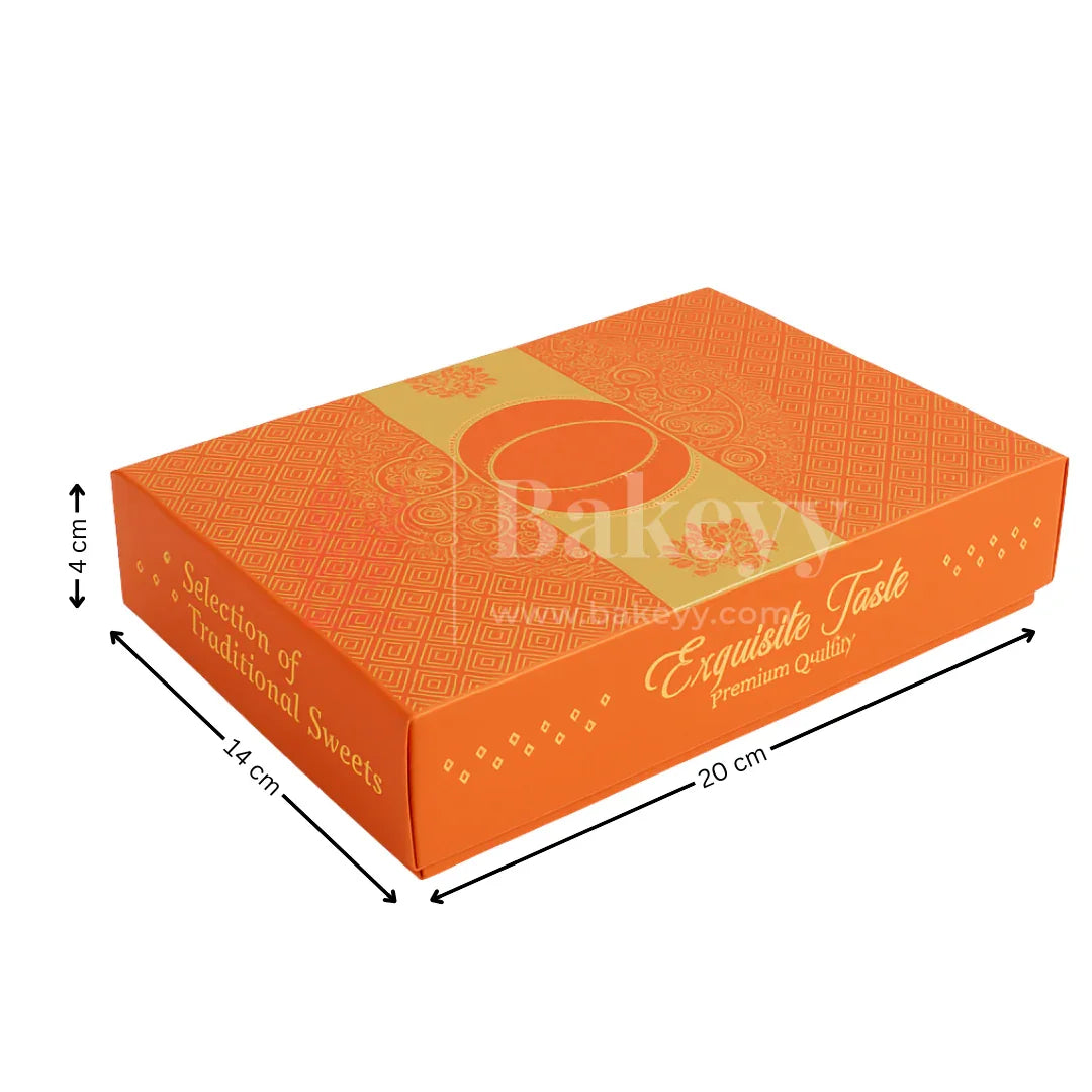 Half Kg Sweet Box | Elegant Orange sweet and chocolate box with Golden tray | Pack of 10