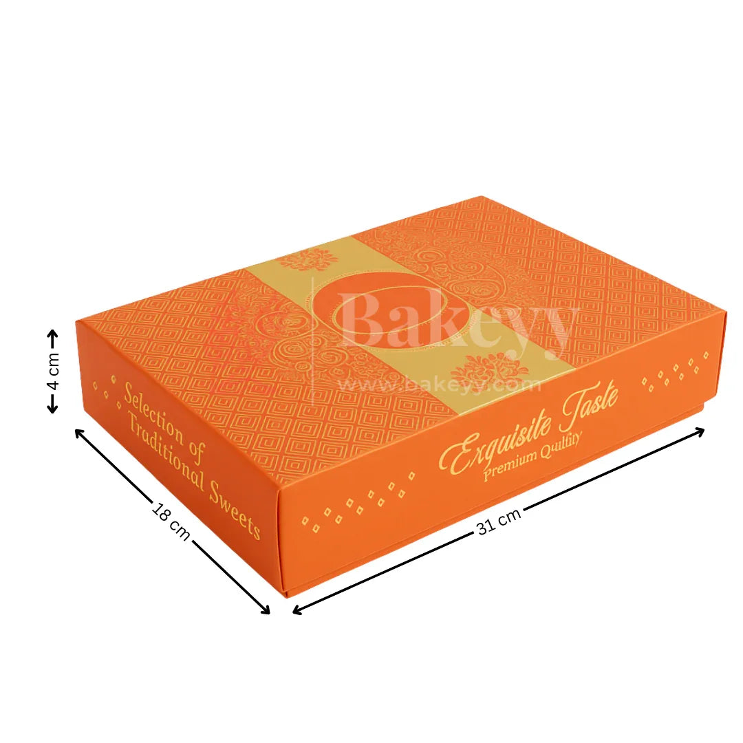 One Kg Sweet Box | Elegant Orange sweet and chocolate box with Golden tray | Pack of 10