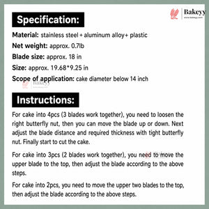 Product specification and instructions for a cake cutter with Bakeyy branding.