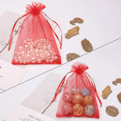 10x14 CM | Organza Potli Bags | Red Colour |100 g | Candy Bag - Bakeyy.com - India - 10x14 CM | Organza Potli Bags | Red Colour |100 g | Candy Bag - Pack Of 100 / 10x14 cm / 4x6 inch / Red