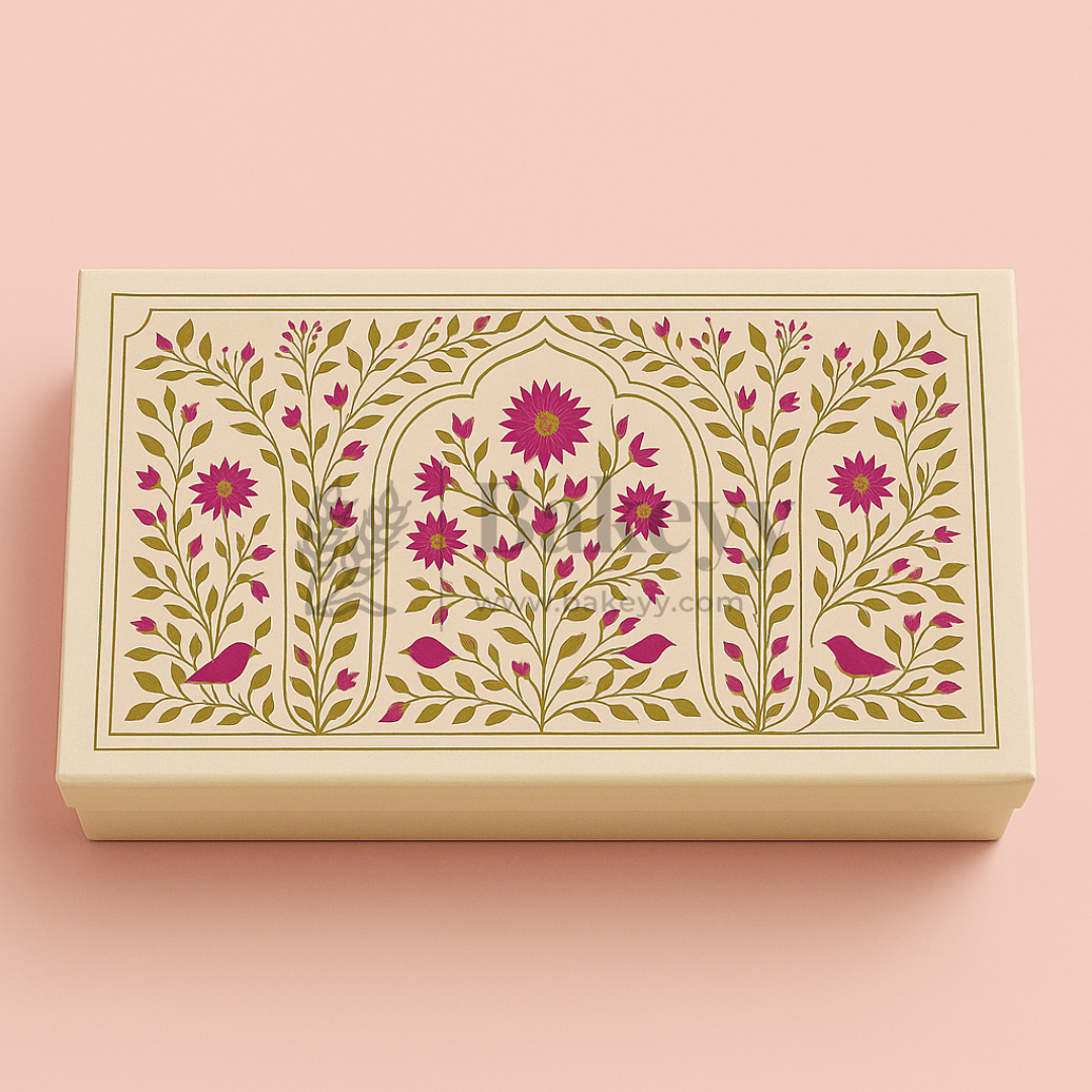 One Kg Sweet Box | 12x7x1.5 Inch | Elegant Floral Rectangle Gift Box with Golden Tray | Pink & Gold Accents 1 Piece