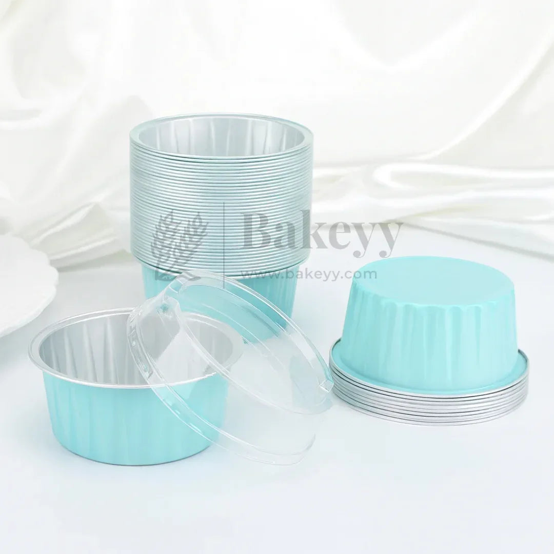 Aluminum Foil Baking Containers with Transparent Lid | Round Tins | Bake N Serve | Pack of 100 - Bakeyy.com - India - Aluminum Foil Baking Containers with Transparent Lid | Round Tins | Bake N Serve | Pack of 100 - Light Blue / 125 ml