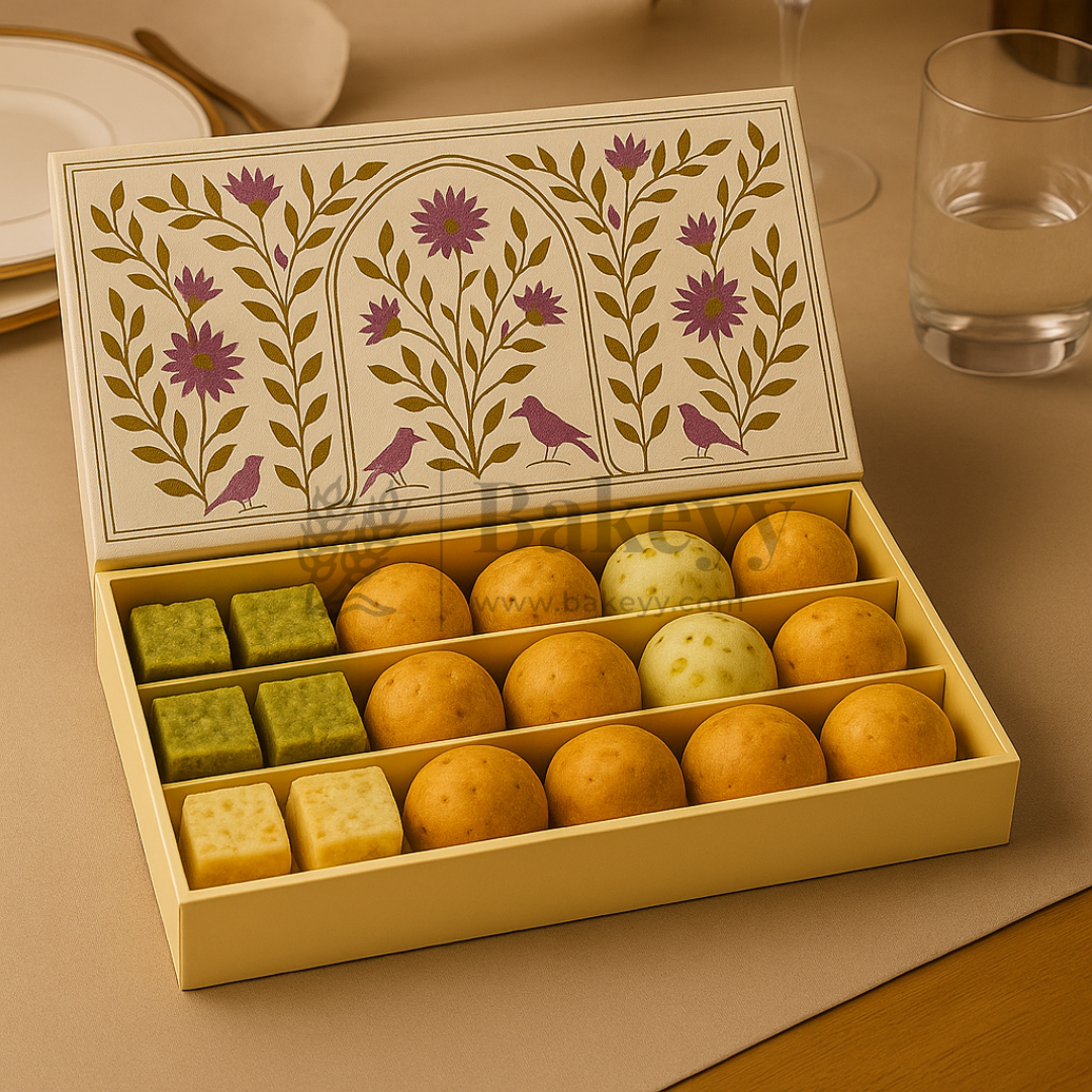 One Kg Sweet Box | 12x7x1.5 Inch | Elegant Floral Rectangle Gift Box with Golden Tray | Pink & Gold Accents 1 Piece