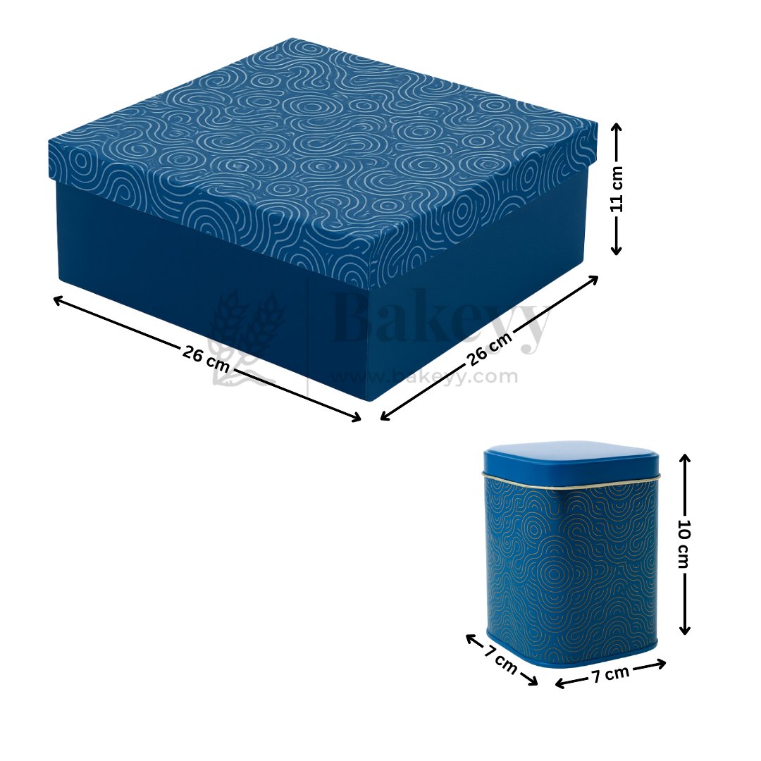 26x26x11 cm | Rigid Square Shaped Gift Box with 4 Tin Jars | Hamper Box | Navy Blue | 1 Piece
