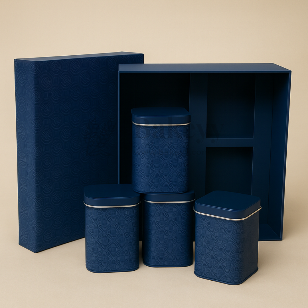 26x26x11 cm | Rigid Square Shaped Gift Box with 4 Tin Jars | Hamper Box | Navy Blue | 1 Piece