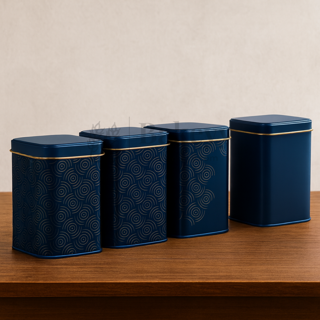 26x26x11 cm | Rigid Square Shaped Gift Box with 4 Tin Jars | Hamper Box | Navy Blue | 1 Piece