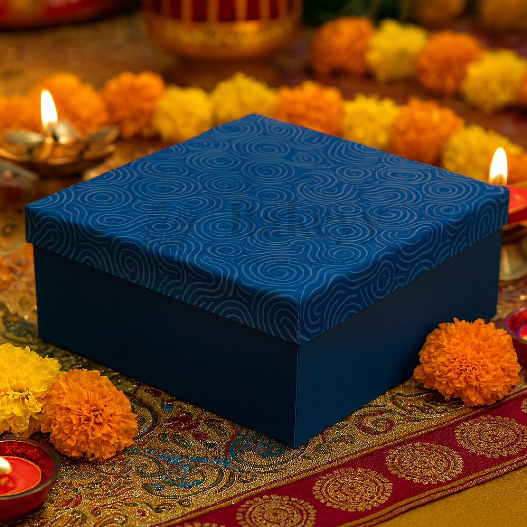 26x26x11 cm | Rigid Square Shaped Gift Box with 4 Tin Jars | Hamper Box | Navy Blue | 1 Piece