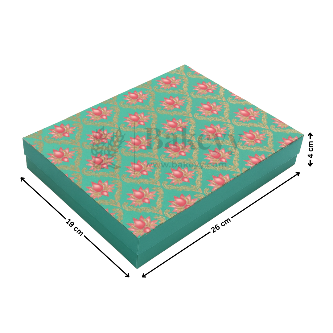 One Kg Sweet Box | 10.5x7.5x1.5 Inch | Turquoise & Pink Lotus Print Premium Sweet and Chocolate box | Cow Print | 1 Piece