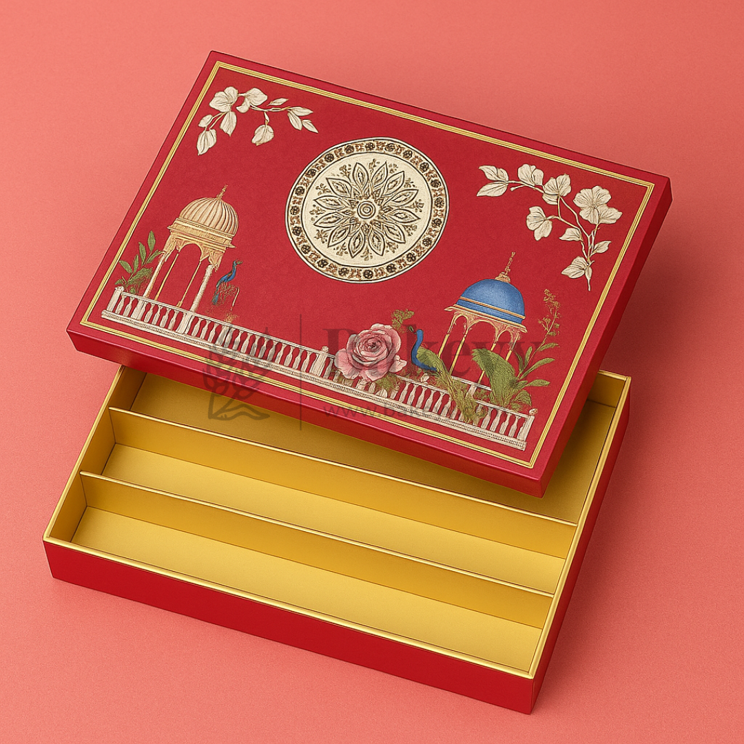 One Kg Sweet Box | 12x7x1.5 Inch | Royal Maroon Peacock Rectangle Gift Box with Golden Tray | 1 Piece
