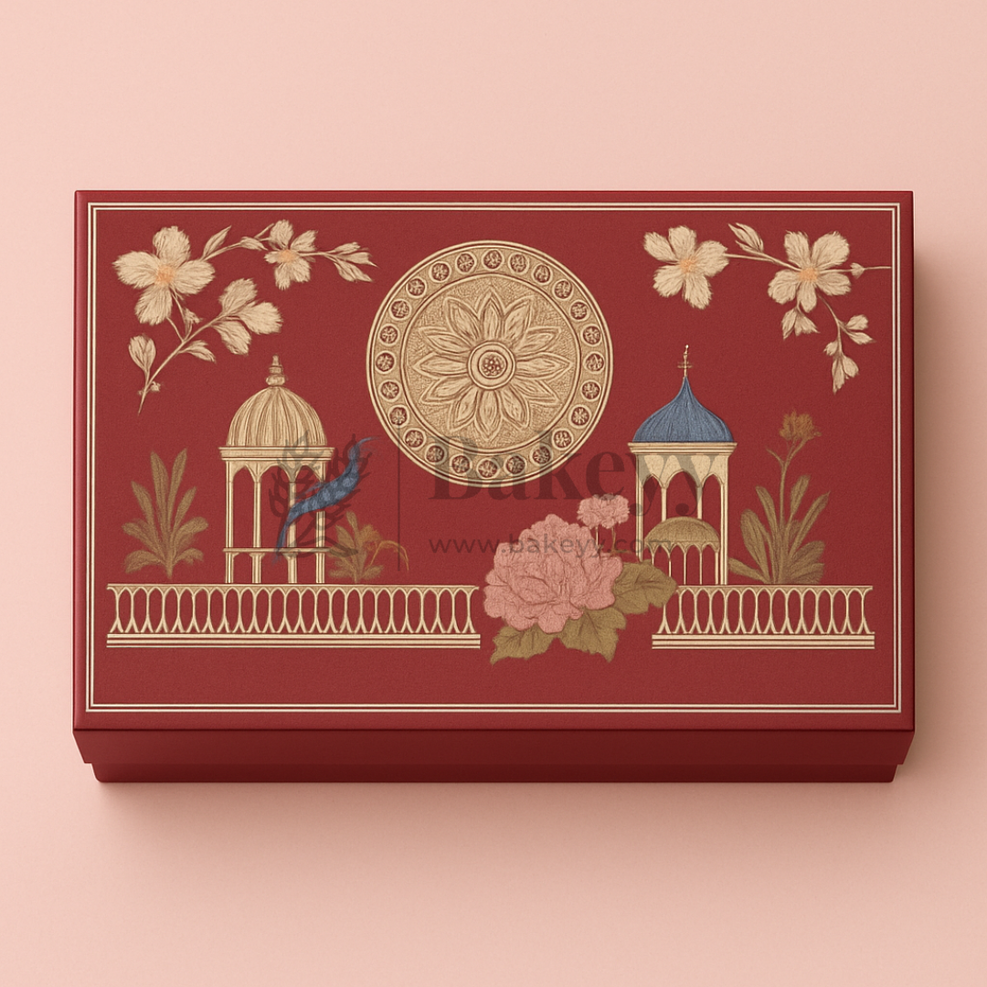 One Kg Sweet Box | 12x7x1.5 Inch | Royal Maroon Peacock Rectangle Gift Box with Golden Tray | 1 Piece