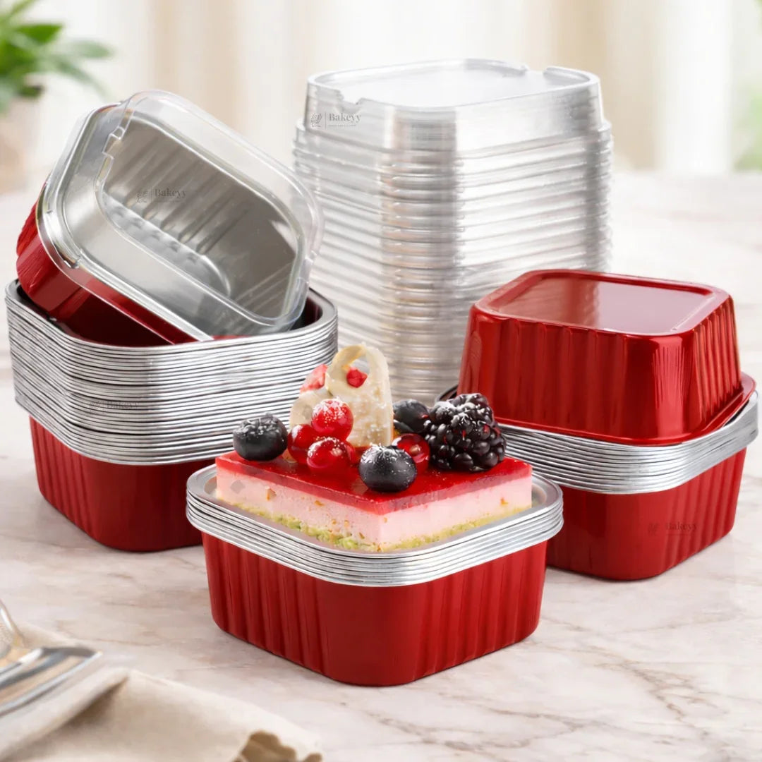Aluminum Foil Baking Containers with Transparent Lid | Square Tins | Bake N Serve | Pack of 100