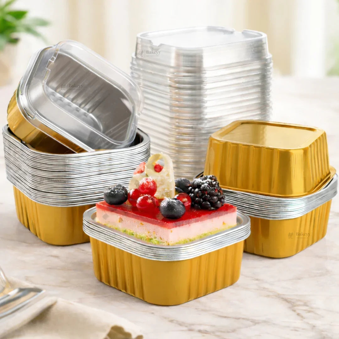 Aluminum Foil Baking Containers with Transparent Lid | Square Tins | Bake N Serve | Pack of 100