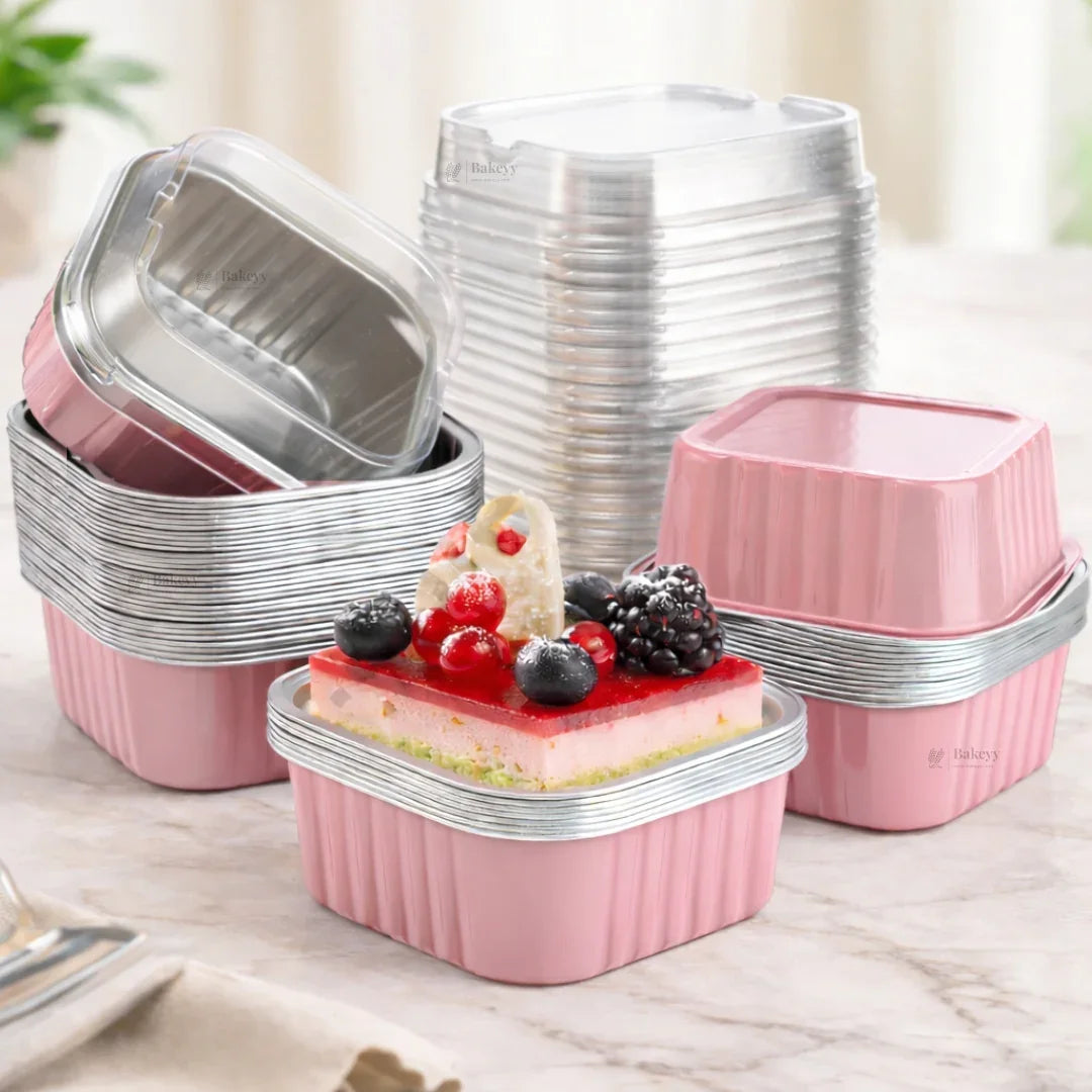 Aluminum Foil Baking Containers with Transparent Lid | Square Tins | Bake N Serve | Pack of 100