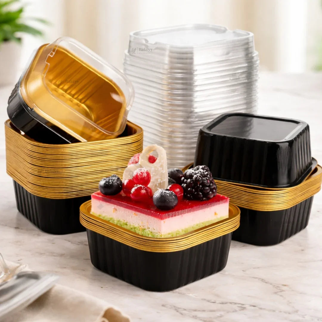 Aluminum Foil Baking Containers with Transparent Lid | Square Tins | Bake N Serve | Pack of 100