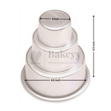 Metal cake stand with dimensions labeled on a white background