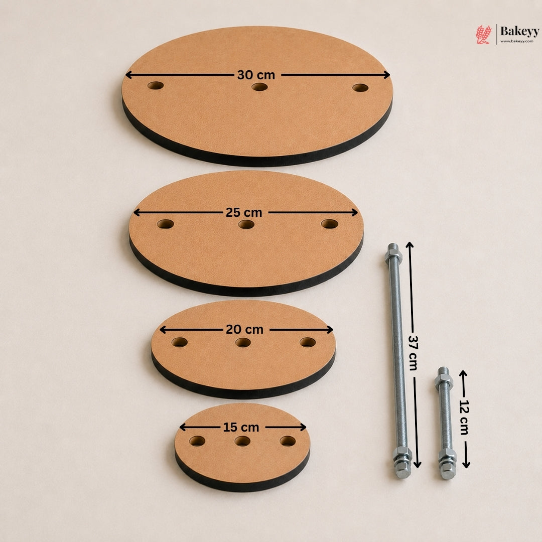 Set of wooden pads and metal rods with measurements on a beige background, featuring the Bakewy brand.