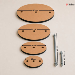 Set of wooden pads and metal rods with measurements on a beige background, featuring the Bakewy brand.