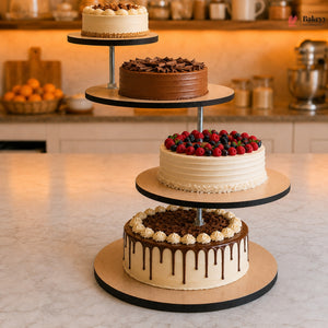 Three-tiered cake stand with various cakes on a kitchen counter