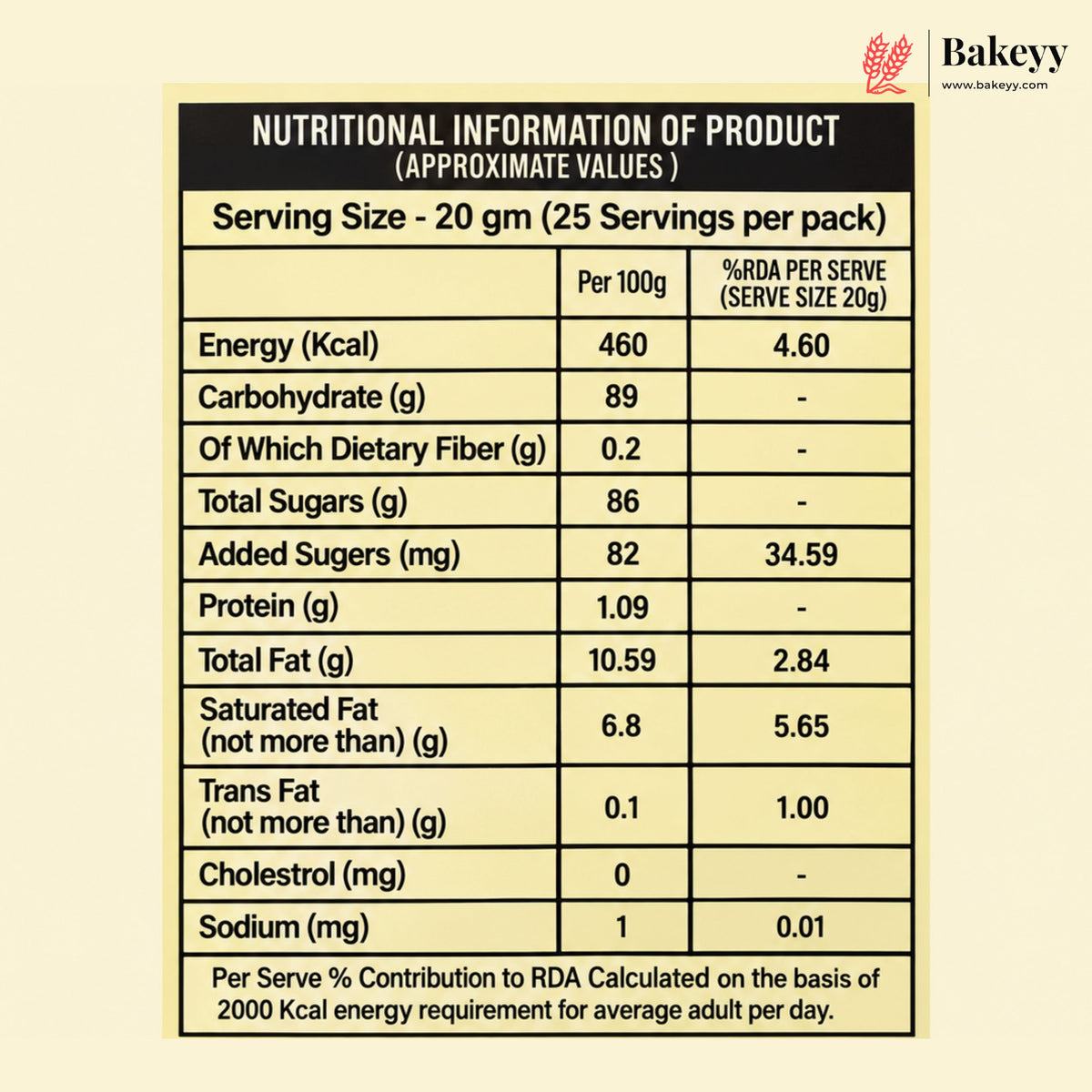 A digital graphic of a product's nutritional information label on a light beige background. The label features a black header and alternating cream and black rows with text detailing nutritional values per 20g serving.
