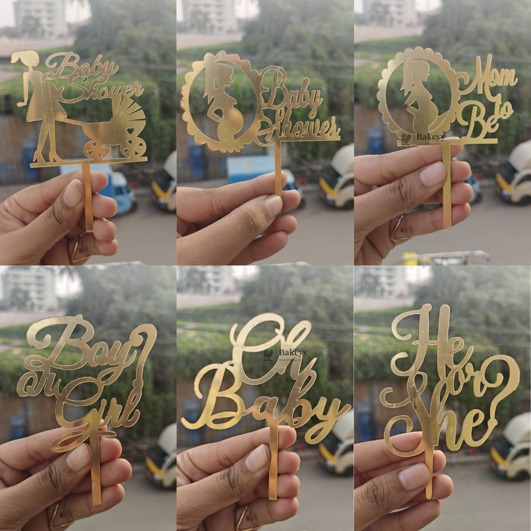 4 Inch Gold Acrylic Baby Shower Cake Topper | Oh Baby, Mom To Be & Baby Shower Designs | Pack of 5