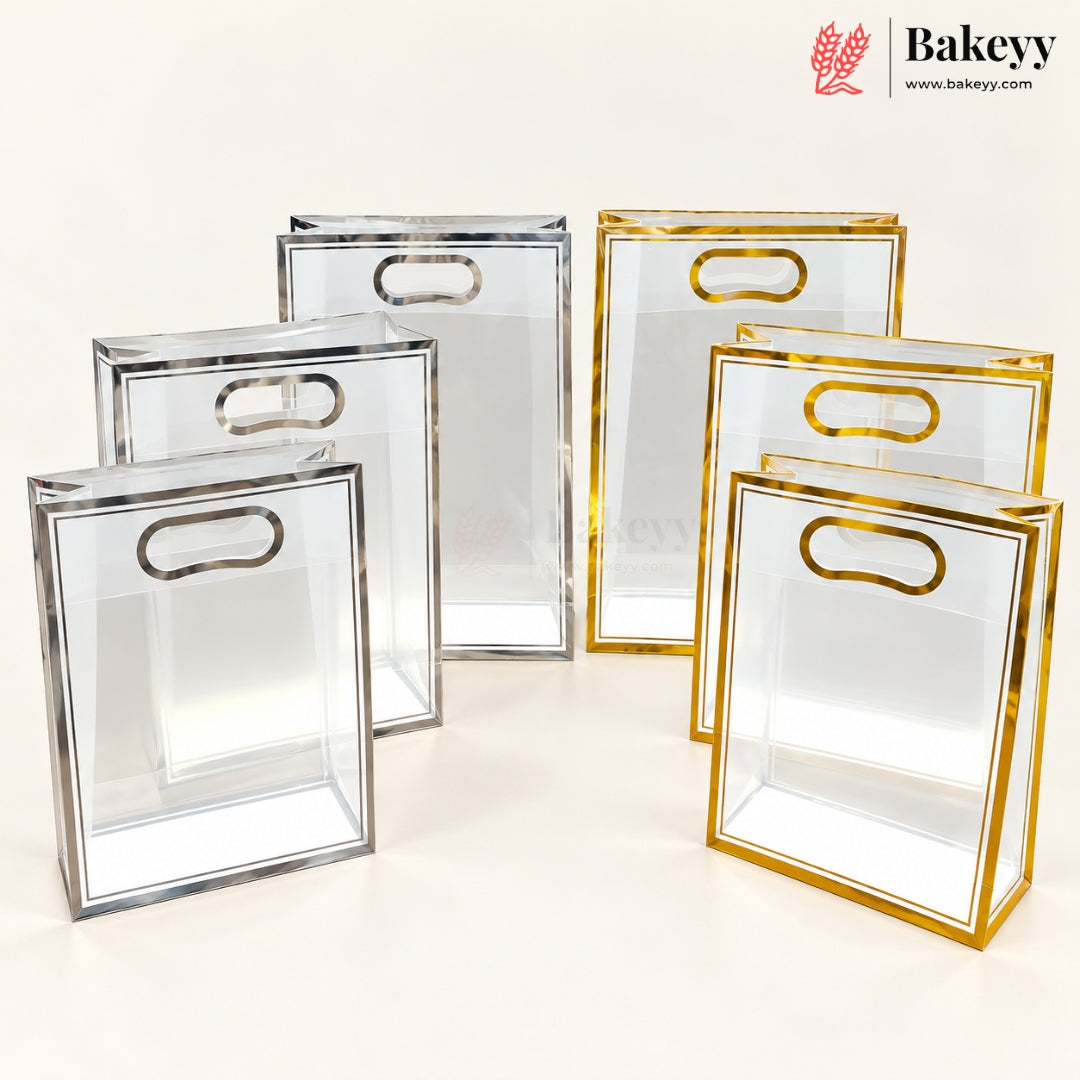 Transparent PVC Gift Bag with Oval-Cut Handle | Gold & Silver | Pack of 12
