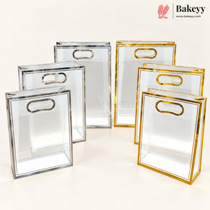 Transparent PVC Gift Bag with Oval-Cut Handle | Gold & Silver | Pack of 12