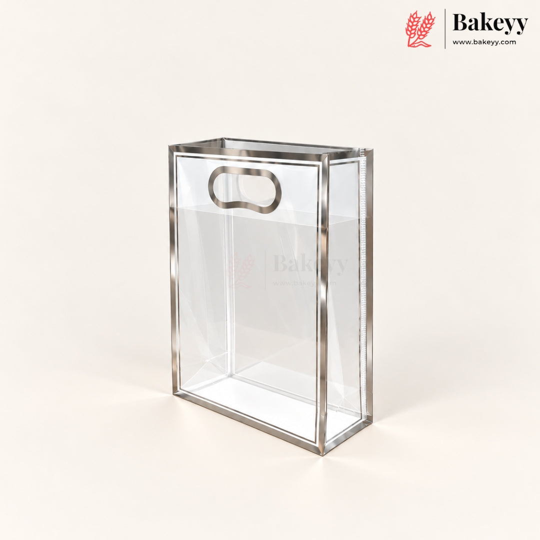 Transparent PVC Gift Bag with Oval-Cut Handle | Gold & Silver | Pack of 12