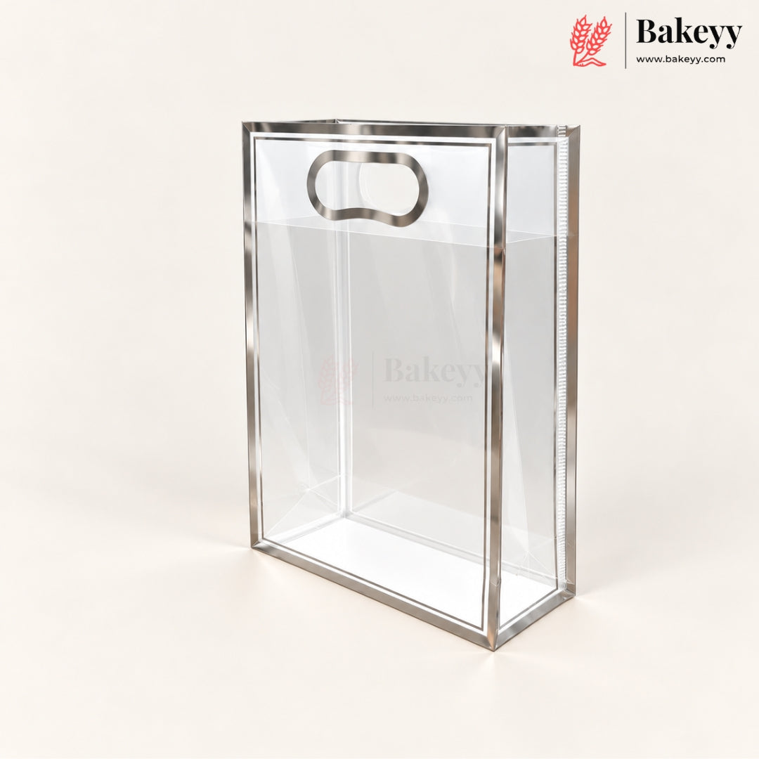 Transparent PVC Gift Bag with Oval-Cut Handle | Gold & Silver | Pack of 12