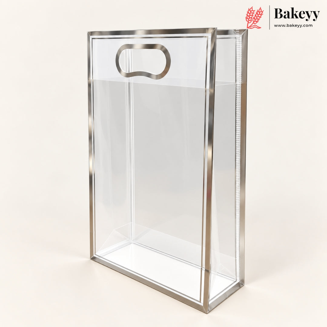 Transparent PVC Gift Bag with Oval-Cut Handle | Gold & Silver | Pack of 12