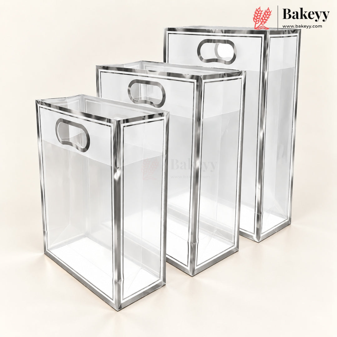 Transparent PVC Gift Bag with Oval-Cut Handle | Gold & Silver | Pack of 12