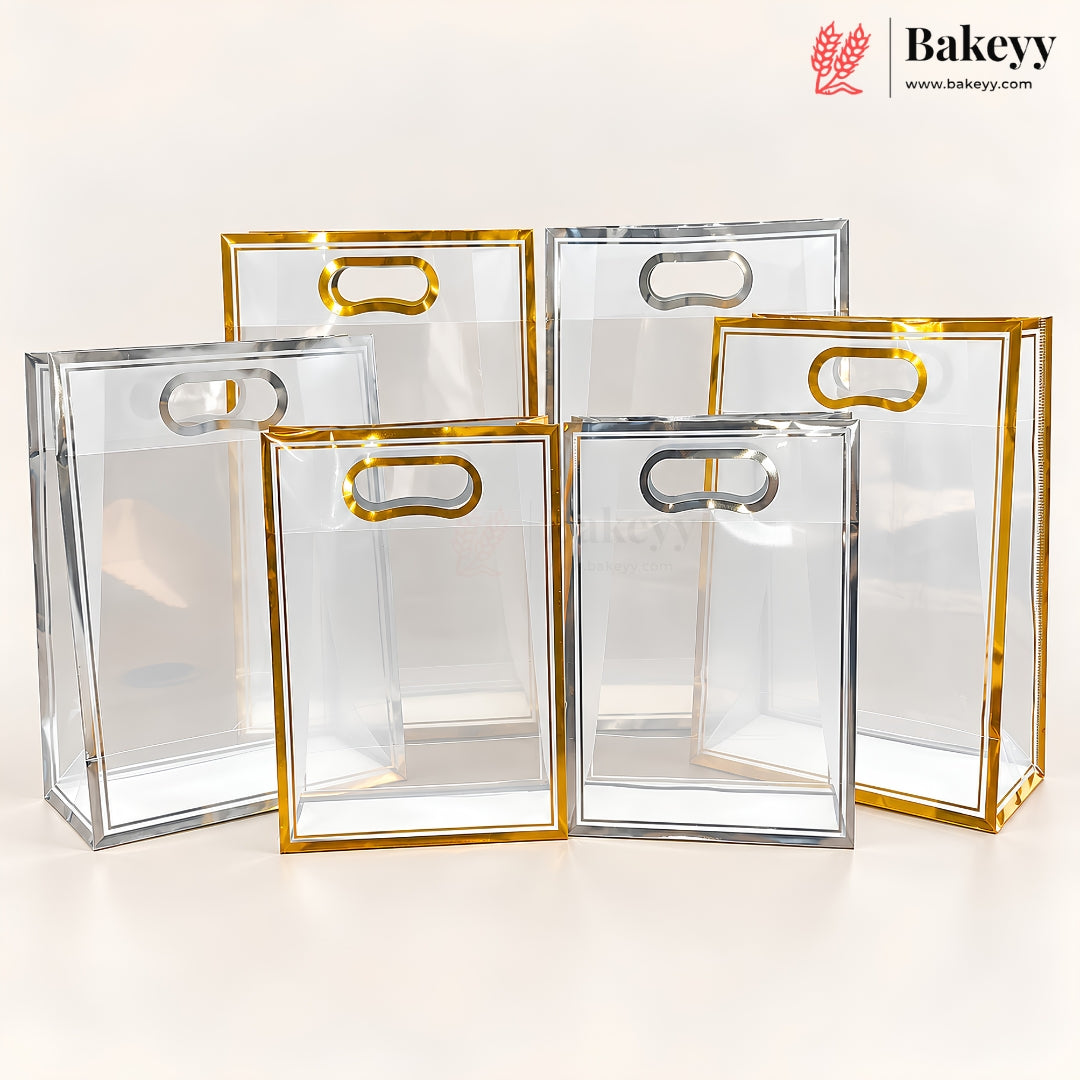 Transparent PVC Gift Bag with Oval-Cut Handle | Gold & Silver | Pack of 12