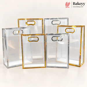 Transparent PVC Gift Bag with Oval-Cut Handle | Gold & Silver | Pack of 12