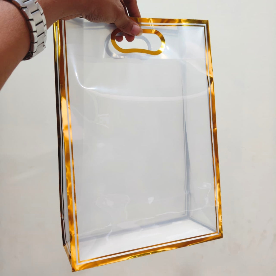 Transparent PVC Gift Bag with Oval Handle | Gold & Silver | Pack of 12