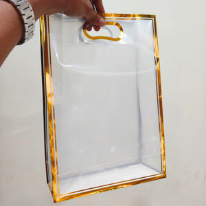 Transparent PVC Gift Bag with Oval Handle | Gold & Silver | Pack of 12
