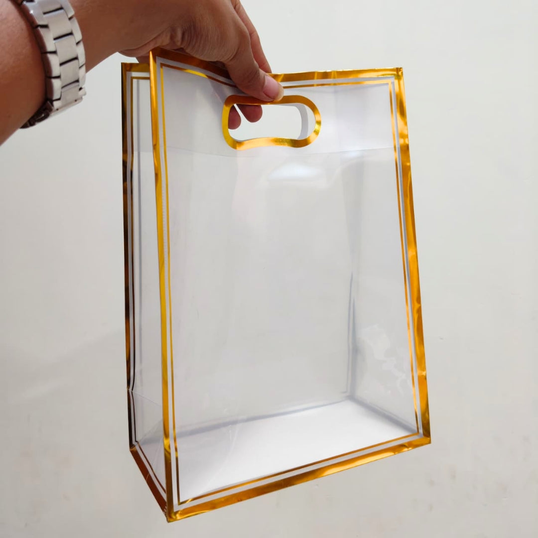Transparent PVC Gift Bag with Oval Handle | Gold & Silver | Pack of 12