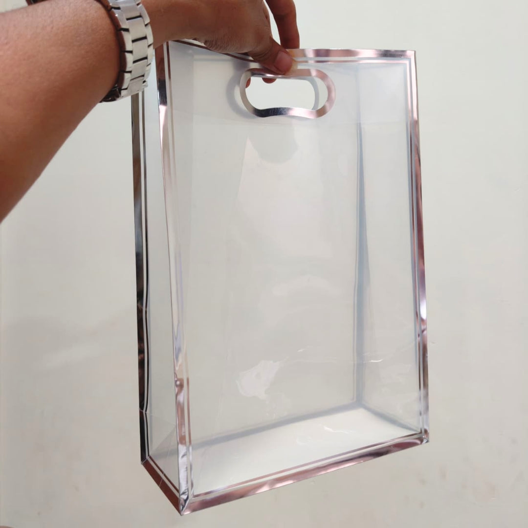 Transparent PVC Gift Bag with Oval Handle | Gold & Silver | Pack of 12