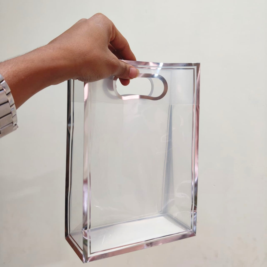 Transparent PVC Gift Bag with Oval Handle | Gold & Silver | Pack of 12