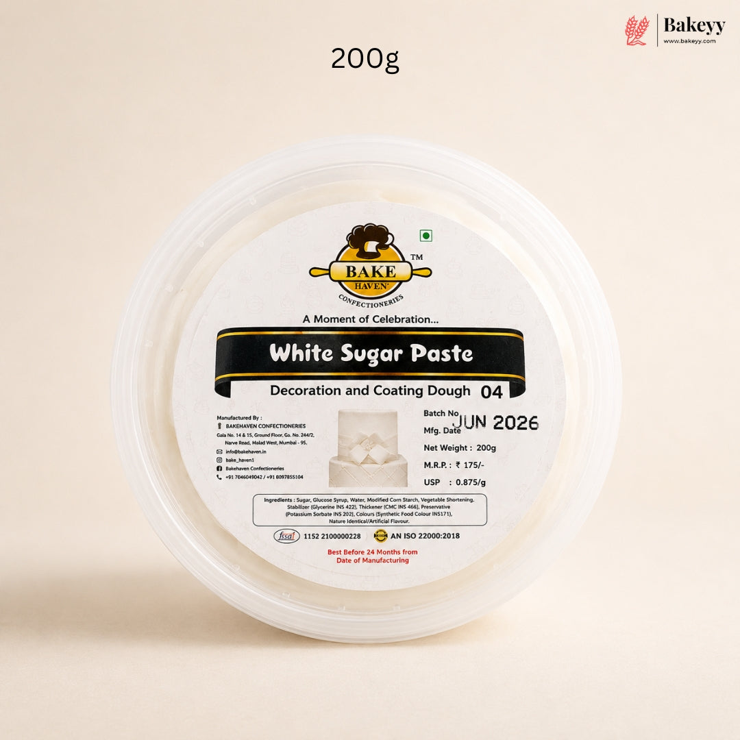 Bakeey white sugar paste container with label on a beige background